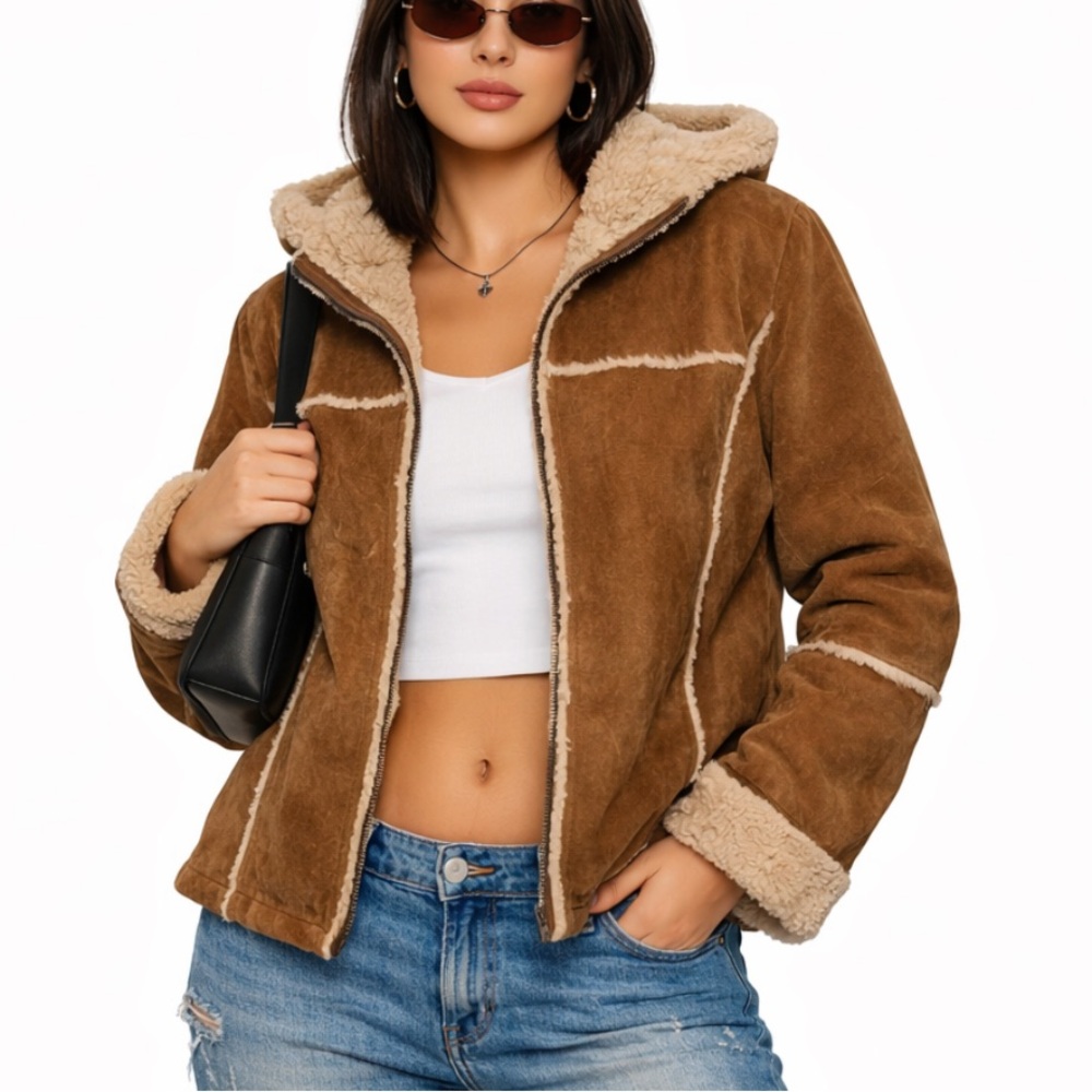 Y2K GIACCA Brown Leather Suede Jacket Faux Shearling Trim Hood Boho Western Sz L